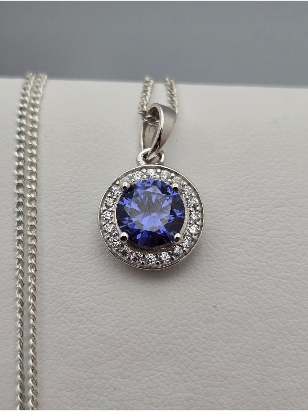 PAJ 925 Sterling Silver Tanzanite Halo Pendant Necklace 16” + 1.5'' Ext New